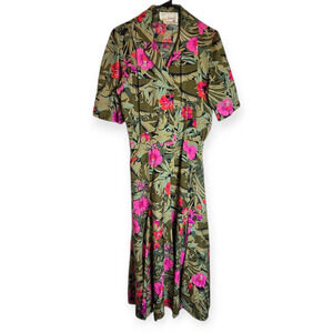 Vintage 70s Jan Fennell Floral Dress Green Pink Tropical Midi Button Front S